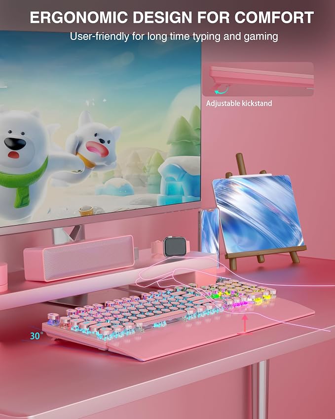 AULA F2088 Typewriter Mechanical Keyboard, Pink Retro Wired Gaming Keyboard with Blue Switches, Rainbow Backlit, Round Keycaps, Media Knob & Removable Wrist Rest - Image 7
