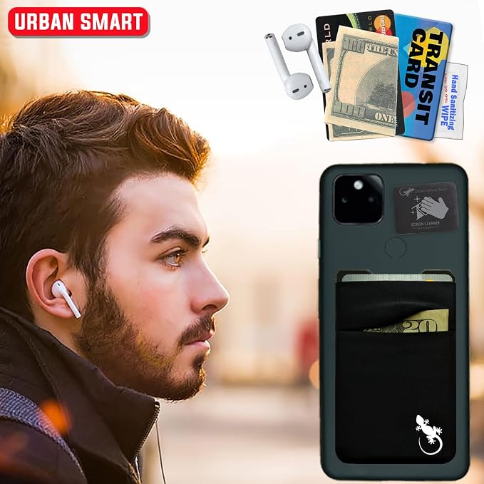 Double Pocket Gecko Phone Wallet - Smartphone Adhesive Card Holder - Cell Phone Pouch - Mobile Stick on Spandex Pocket by Gecko - Carry Credit Cards and Cash – (BLACK-WHITE) - Image 9