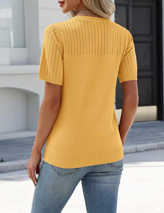 Zeagoo Women's Short Sleeve Sweater Tops 2026 Spring Summer Crew Neck Hollow Out Blouses Dressy Business Casual Outfits - Image 6