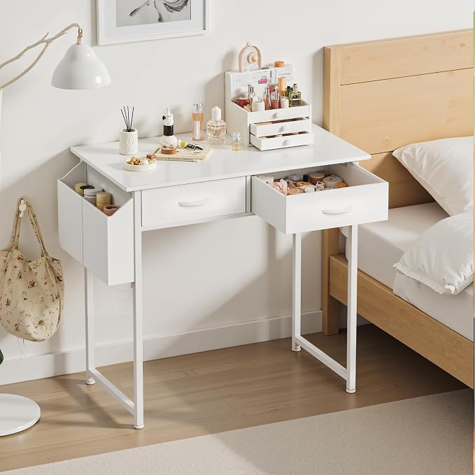 OLIXIS 32 Inch Gaming Desk, Computer Desk, Fabric Drawers | Side Bag Headphone Hook, Home Office Work Table, Writing Study Bedroom, Small Space, White - Image 7