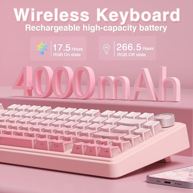 AULA F75 Pro Wireless Mechanical Keyboard Silent Version,75% Hot Swappable Custom Keyboard with Knob,RGB Backlit,Pre-lubed Switches,Side Printed PBT Keycaps,2.4GHz/USB-C/BT5.0 PC Gaming Keyboards,Pink - Image 8