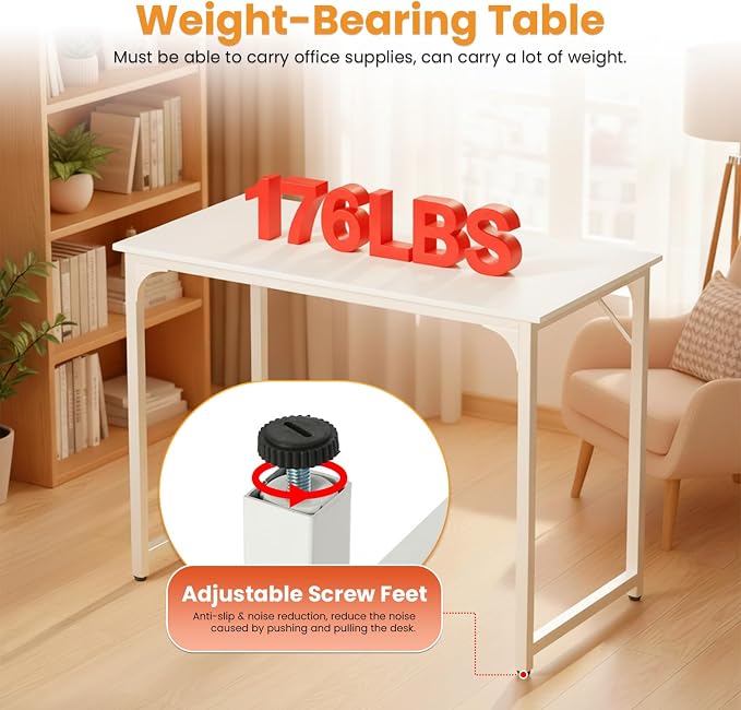 PayLessHere | 39 Inch Computer Desk | White | Office Desk with Metal Frame, Adjustable Feet | Water-Resistant, Scratchproof Surface | Sturdy Writing Table for Home Office or Study | Pack of 1 - Image 7