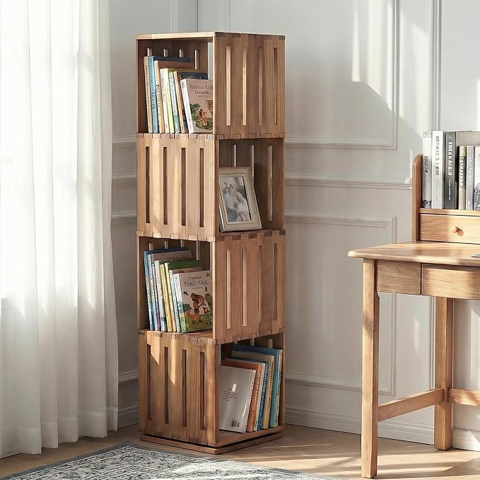 Wooden Rotating Bookshelf, 360°Spinning Deep-Bin Tower for Art Books&Large Formats, Solid Wood Revolving Bookcase, Floor Standing Storage Rack,Corner Organizer,Small Space,study,Office, 4-Tier - Image 9