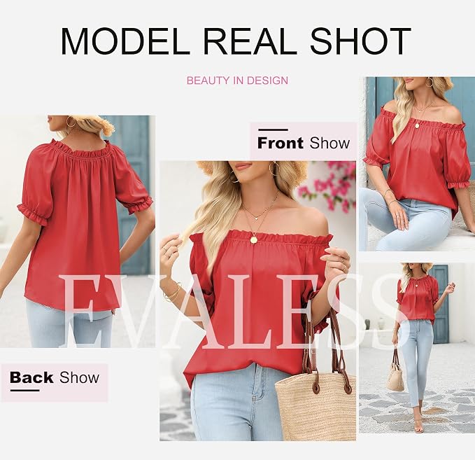 EVALESS Womens Tops Off The Shoulder Blouses for Women Dressy Casual Cute Puff Sleeve T Shirts Fashion 2026 - Image 6