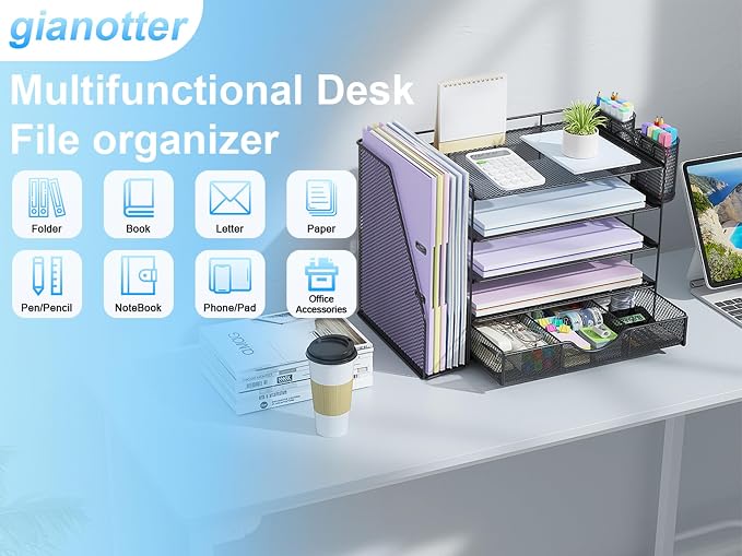 gianotter 5-Tier Desk Organizer with Drawers and File Holders | Letter Trays and Pen Holders - Workspace Accessories for Office Supplies (Black) - Image 7