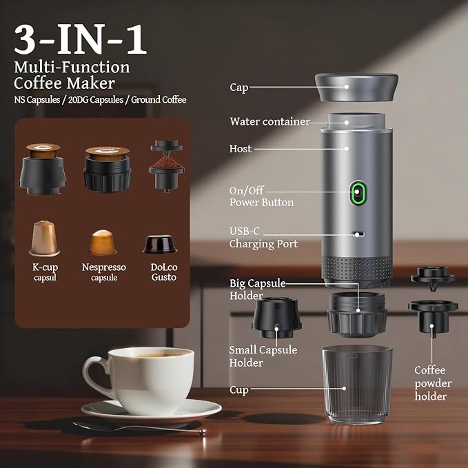 Portable Coffee Maker Espresso Machine, Travel Espresso Maker, Cafetera Portatil Expreso with Small Tea Cup, Compatible with Ground Coffee & NS Capsule for RV,Car, Hiking, Camping Office - Image 8
