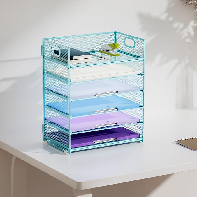 Marbrasse 6 Tier Paper Organizer Letter Tray - Mesh Desk File Organizer with Handle, Paper Sorter for Letter/A4 Office File Folder Holder -Blue - Image 6