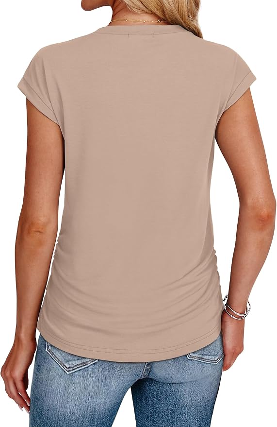 Sampeel Womens Summer Tops Trendy 2026 Ruched Cap Short Sleeve Tshirts Shirts Crew Neck T Shirts Fashion - Image 5