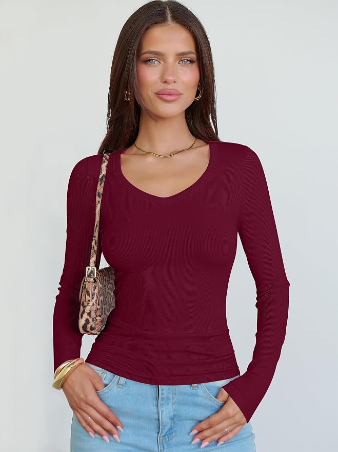 ANRABESS Long Sleeve V Neck Shirts for Women | Soft Comfy Ribbed Knit Fitted Tshirts, Casual Going Out Tops, 2026 Trendy Basic, Fall Winter Underscrub Layering Clothes - Image 8