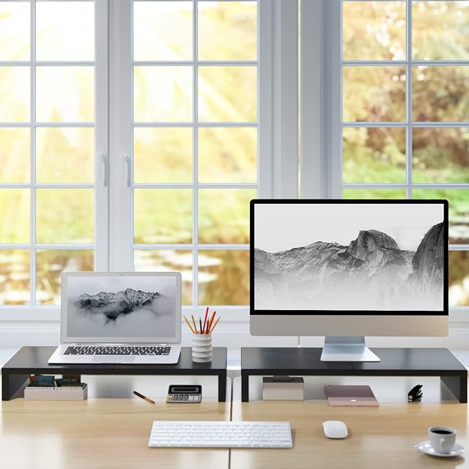 TEAMIX 2 Pack Monitor Stand Riser-20 inch, Black Desktop Stand for PC/TV/Laptop/Printer, Keyboard Shelf Organizer Wood Monitor Riser with Storage - Image 8