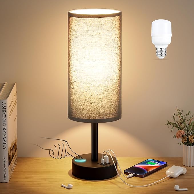 Dicoool Bedside Table Lamp for Bedroom - 3-Way Dimmable Touch Lamp, USB A+C | LED Bulb Included, 14" Small Nightstand Lamp for Desk, Living Room, Guest Room, Black Fabric Lampshade, Black Metal Base - Image 7