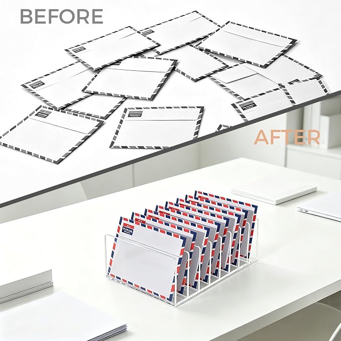 8 Compartments Clear Acrylic Mail Holder – Vertical Letter Sorter & Multifunction Desk Organizer for Bills, Documents, Notebooks – Modern Office/Home Envelope File Rack - Image 7