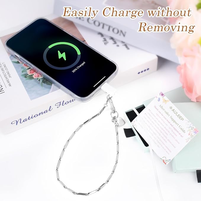 AULEEP Phone Chain Wristlet,Metal Hand Wrist Strap Lanyard,Phone Charm with Clear Tether Tab,Anti Theft Cellphone Strap Silver Bracelet Strap for Traveling Hiking Shopping - Image 7