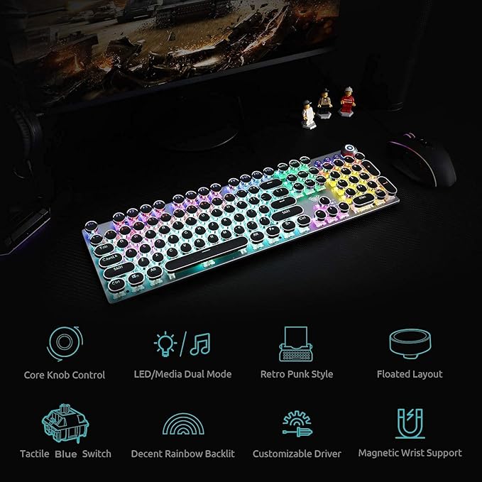 AULA F2088 Typewriter Style Mechanical Gaming Keyboard Wired,Blue Switches,Rainbow LED Backlit,Removable Wrist Rest,Media Control Knob,Retro Punk Round Keycaps,USB Wired Computer Keyboard - Image 8