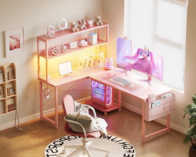 AODK L Shaped Desk Gaming Desk with LED Light & Power Outlet | 53 Inch Pink Reversible L Shaped Computer Table with Shelf & Storage Bag & Hook for Home Office - Image 8