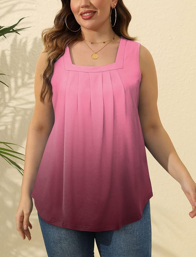 Saloogoe Summer Tank Tops for Women Loose Fit Pleated Square Neck Sleeveless Tops Curved Hem Flowy - Image 5