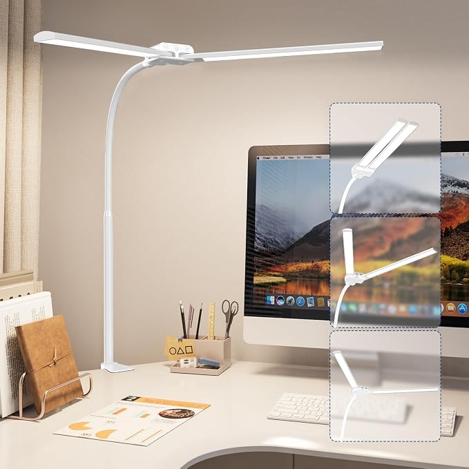 KableRika Desk lamp,Double Head LED Desk Lamp with Clamp,Architect Desk Lights for Home Office,Eye-Caring Desktop Office Lamp 4-Brightness 4-Color Table Lamp for Monitor Workbench Reading White - Image 8
