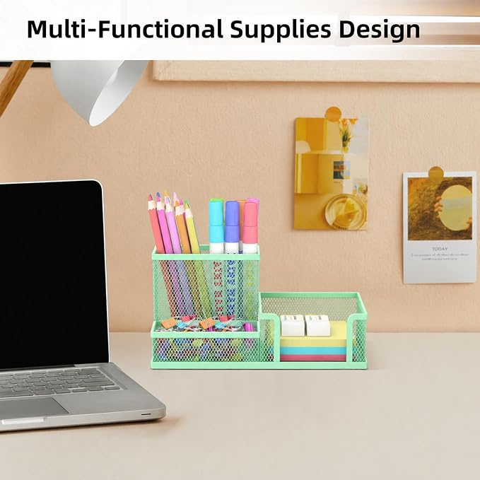 SUPEASY Pen Holder Desk Organizer, Office Supplies Pencil Holder with 3 Compartments, Desk Accessories and Workspace Organizers for Home School Classroom, Green - Image 6