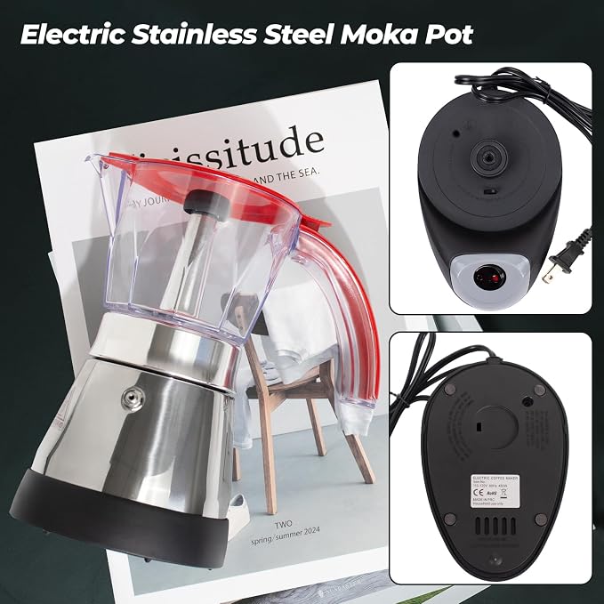 Electric Plastic Clear Moka Pot 3-6 Cup 150-300ml Mocha Pot | Stainless Steel Espresso Maker with Detachable Base Ideal Coffee Maker for Home Italian and Cuban Café Coffeemaker Red - Image 9