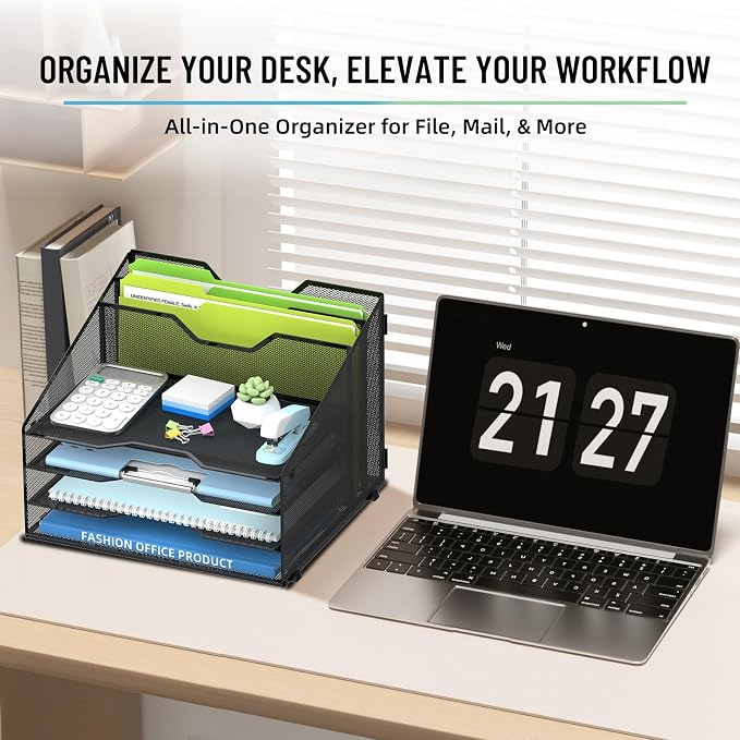 Desk File Organizer with 4 Letter Trays and 2 Vertical File Holders, Black | Metal Mesh Paper Letter Tray Organizer for Documents Folders Mail, Desk Organizers and Accessories for Home Office - Image 7
