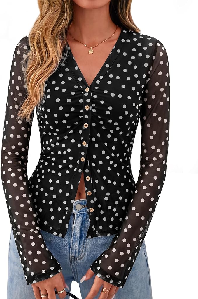 BTFBM Button Down Shirts for Women 2026 Fall Boho Tops V Neck Long Sleeve Blouses Ruched Mesh Fitted Fashion Clothing - Image 8