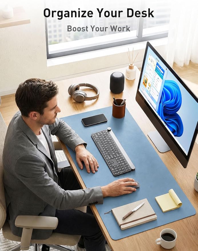 Aothia Faux Leather Desk Mat for Keyboard & Mouse (Sky Blue, 42" x 17") | Large desk mat for keyboard, mouse and laptop, creating a clean, organized workspace for work, study and everyday use - Image 8