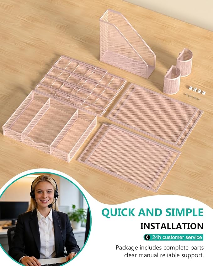 WALI Desk File Organizer, 4 Tier Desktop Paper Letter Tray Organizer with Drawer and 2 Pen Holders, Office Desk Accessories & Workspace Organizers for Office, Home Supplies(DO005DH-P), 1 Pack, Pink - Image 9