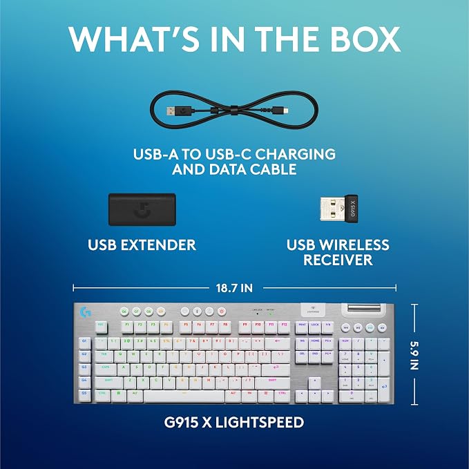 Logitech G915 X Lightspeed Wireless Gaming Keyboard (Tactile) - White | Low-Profile, Double-Shot PBT Keycaps, Fully Programmable Keys, RGB Backlighting, Sleek Aluminum Finishing, GL Brown - Image 9