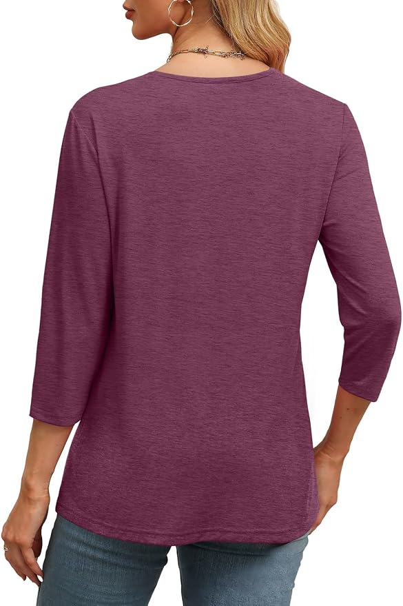 WIHOLL Womens Tops 3/4 Length Sleeve V Neck Casual Tunic Tops Basic Shirts Loose Fit Blouse - Image 4