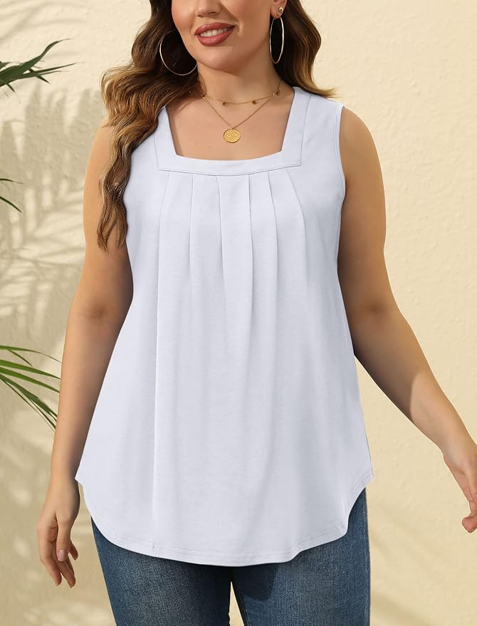 Saloogoe Summer Tank Tops for Women Loose Fit Pleated Square Neck Sleeveless Tops Curved Hem Flowy - Image 6