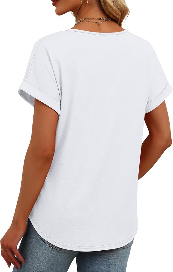 Womens Tops Dressy Casual V Neck Rolled Sleeve T Shirts Fashion Clothing Business Casual Outfits Beach Vacation Clothes - Image 5