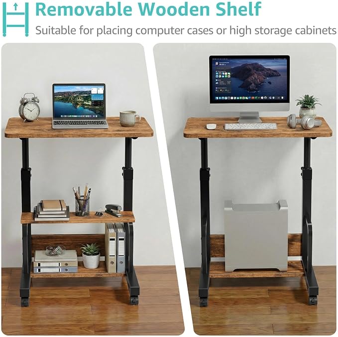 WINAZ C Shaped Rolling Laptop Desk - 24" Rustic Brown Mobile Desk with Wheels for Small Spaces, Height Adjustable Overbed Table with 2-Tier Storage Shelves - Image 9