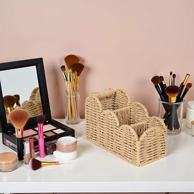 CubesLand Bedside Table Desk Organizer Caddy, Remote Pen&Pencil Holder Cup | Makeup Brush Holder w/Scalloped Perfect for Home, Office Desk, Living Room Table Decor, 3 Slots Beige - Image 9