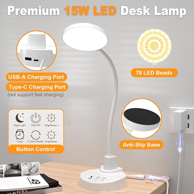 15W LED Desk Lamp with USB Charging Ports – Dimmable Table Lamp with 3 Color Temps, 5 Brightness, 4 Timers, Flexible Gooseneck Light with Base, Eye-Caring Reading Light for Home Office, Bedroom, Study - Image 8