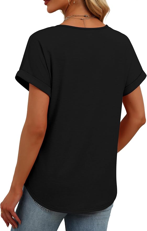Womens Tops Dressy Casual V Neck Rolled Sleeve T Shirts Fashion Clothing Business Casual Outfits Beach Vacation Clothes - Image 5