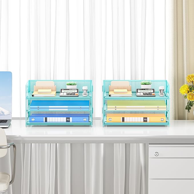 Subekyu 2-Pack 3-Tier Blue Metal Mesh Desk Paper Letter Tray & File Sorter Organizer with Handle + 1 Sliding Tray for Desk, Home, Office, School Supplies, A4 Paper and Accessories Storage - Image 6