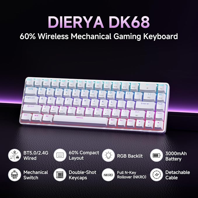DIERYA DK68 60% Wireless Mechanical Gaming Keyboard, 3-Mode, Bluetooth 5.0/2.4G/USB-C, RGB Backlit, 68-Key Compact Mini for Windows, Mac, Linux - Linear Red Switch - White - Image 9