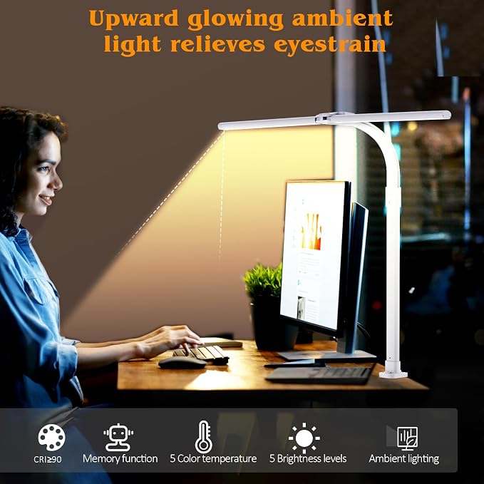 AKRRYR Led Desk Lamp for Home Office,24W Bright Eye-Caring Desk Light with Clamp,5 brightness and 5 temperatures Dimmable Workbench Task Light, Adjustable Gooseneck Table Lamp for Monitor Study(white) - Image 7