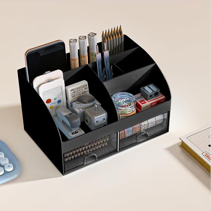 COMFYROOM Desk Organizer with 6 Compartments and 2 Drawers, Plastic Makeup Organizer, Pen Holder for Desktop Storage, Desk Organization for School, Home, Office Supplies Black-2Pack - Image 5