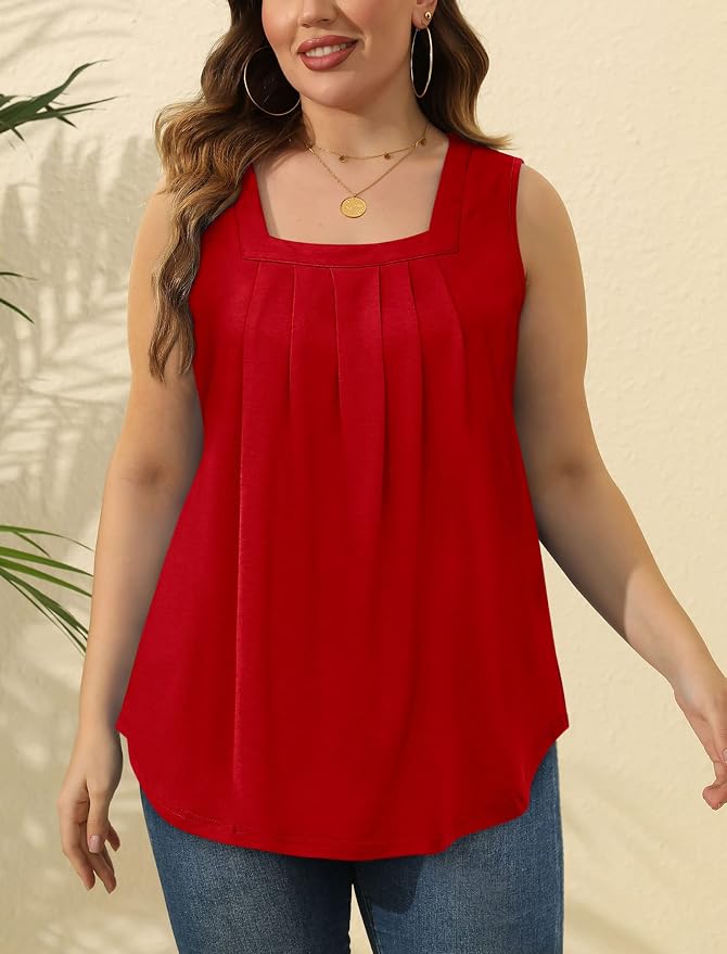 Saloogoe Summer Tank Tops for Women Loose Fit Pleated Square Neck Sleeveless Tops Curved Hem Flowy - Image 5