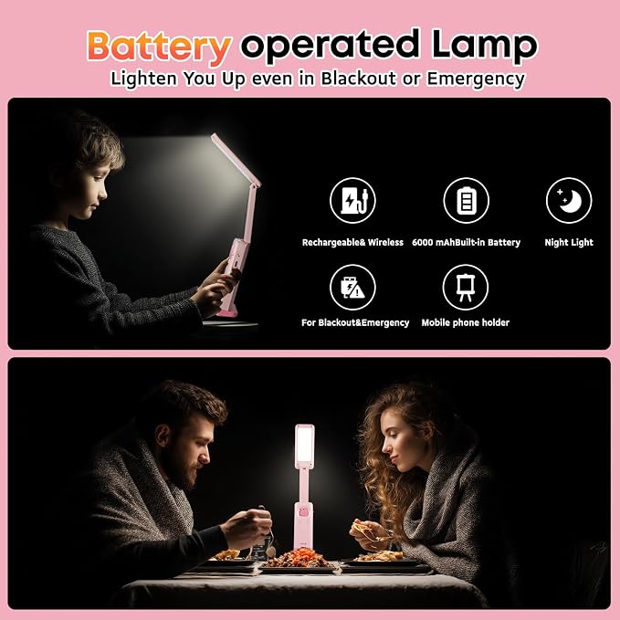 VAVOFO Cute Bunny Desk Lamp, Foldable LED Rechargeable Table Light, Eye-Caring Reading Lamp, 3 Color Modes & Dimmable, for Kids Girls Bedroom Study Dorm Room(Pink) - Image 9
