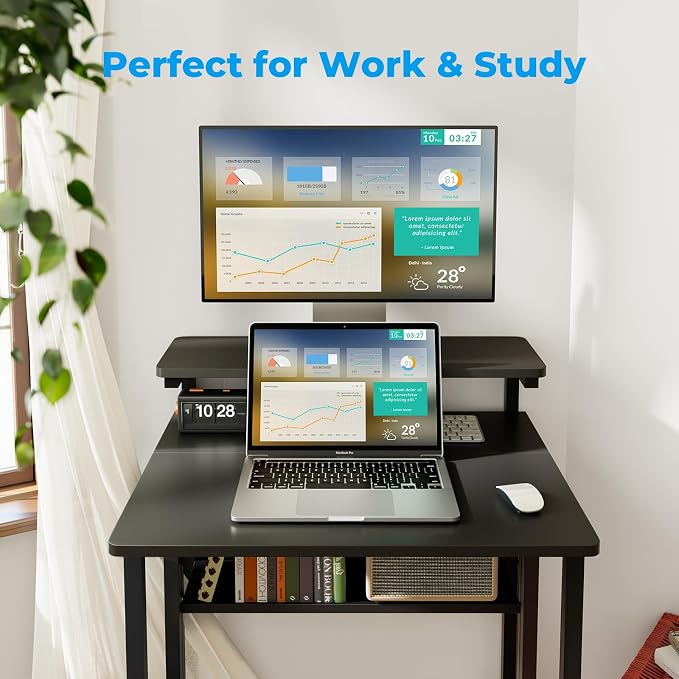 GreenForest Folding Desk with Adjustable Monitor Stand, 24.8 in Small Desk | Storage Shelf, Lockable Wheels, Portable, Space Saving, Mobile Rolling Table for Small Spaces, Home Office, Writing, Black - Image 8
