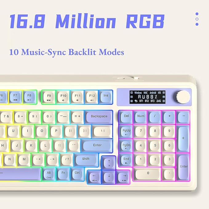 AULA S99 Pro Wireless Keyboard, Gaming Keyboards Media Knob Custom RGB Backlit, 3-Modes BT/2.4G/USB-C Membrane Cute Creamy Keyboard for Windows/MAC/PC Gamer - Blue White - Image 7