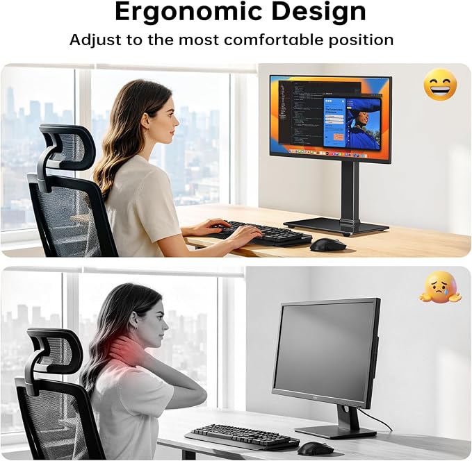 Afaloona Freestanding Single Monitor Stand for 13-32 Inch Monitor, No Clamp | Max Load 77lbs | Tempered Glass Base | ±25° Swivel | -5° to +10° Tilt | 360° Rotation | 4 Height Options | VESA 75×75/100×100 - Image 8