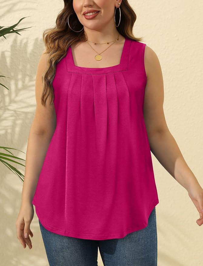 Saloogoe Summer Tank Tops for Women Loose Fit Pleated Square Neck Sleeveless Tops Curved Hem Flowy - Image 5
