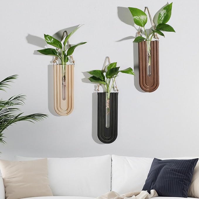 Dnnnii Indoor Wood Wall Planter Set of 3 for Plants - Boho Handmade Hanging Propagation Station with Curved Rainbow Design, Wall Mounted Vase for Flowers, Natural Home Decor Living Room Entryway - Image 6