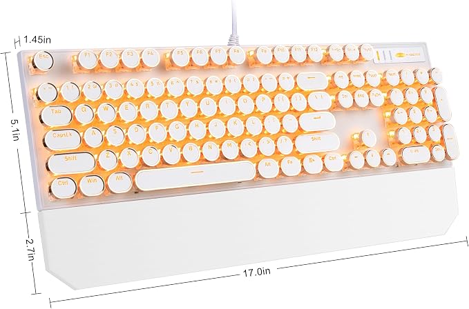 Camiysn Typewriter Style Mechanical Keyboard, Retro Punk Gaming Keyboard with Gold LED Backlit, Cute Wired Keyboards,104 Keys Full Size Keyboards, Uique Round Keycaps for Windows/Mac/PC(White&Gold) - Image 8