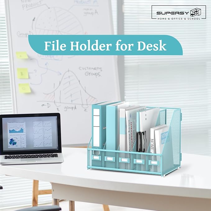 SUPEASY Desk Organizers Metal Desk Magazine File Holder with 5 Vertical Compartments Rack File Organizer for Office Desktop, Classroom, Home Workspace, Blue Plus - Image 7