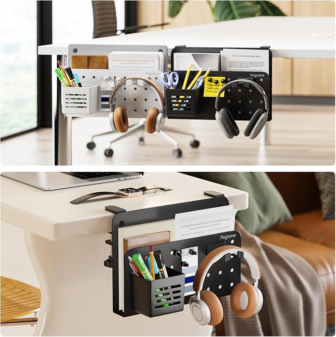 PEGZONE Desk Side Storage Organizer, Fits Flat Edge 0.4" to 2.2", Black | No Drill Under Desk Laptop Holder, Clamp on Desks Shelf with Pegboard Accessories, Hanging Laptop Mount - Image 8