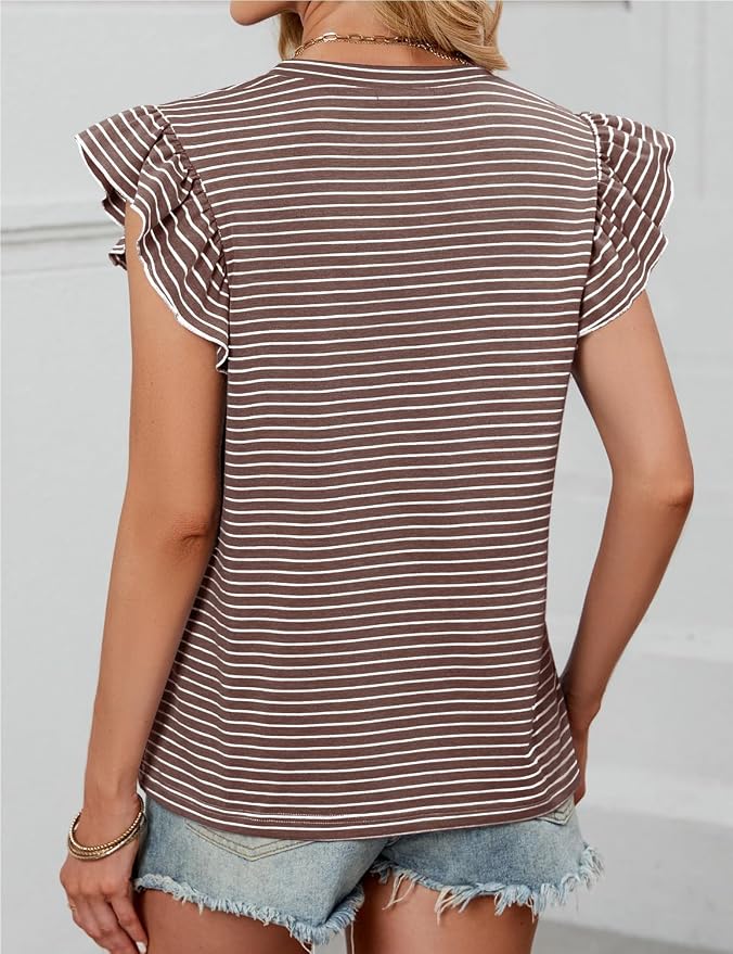 JUSTFASHIONNOW Womens Summer Tops Striped T-Shirts 2026 Ruffle Short Sleeve Crew Neck Casual Blouses with Pocket - Image 6